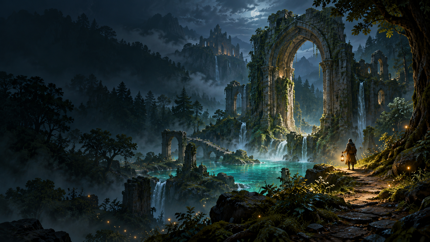 Original Lumen Trail concept artwork: a lantern-bearing traveler among misty forest ruins