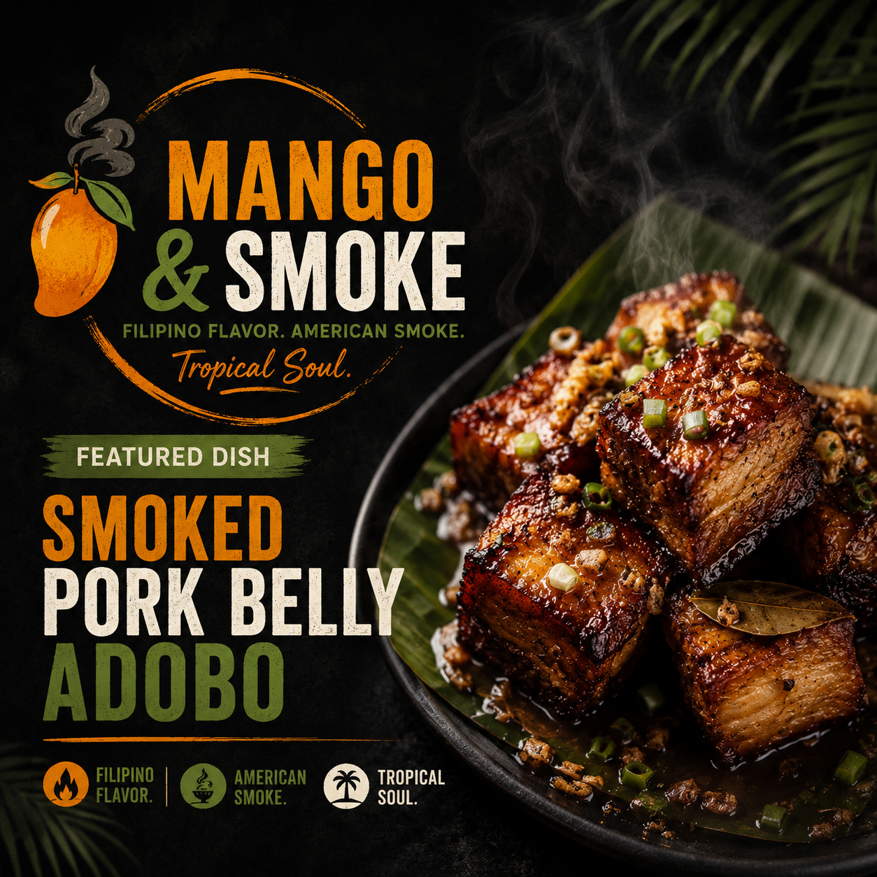 Mango and Smoke signature smoked pork belly adobo social artwork