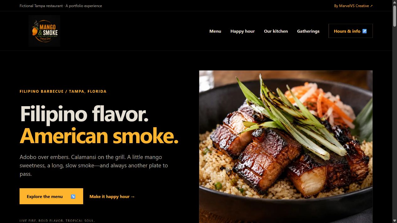 The Mango and Smoke website: clear menu navigation, a signature dish and a food-led introduction