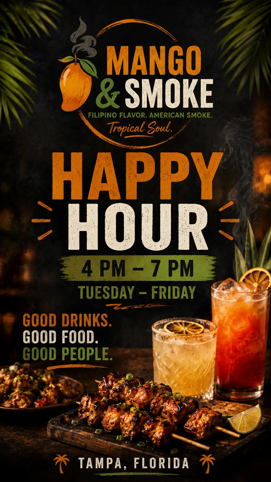 Mango & Smoke concept happy-hour poster