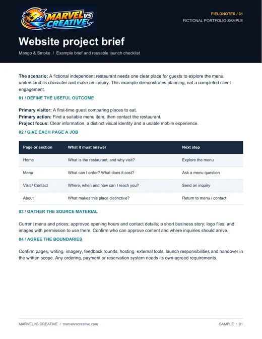 Preview of the website project brief sample