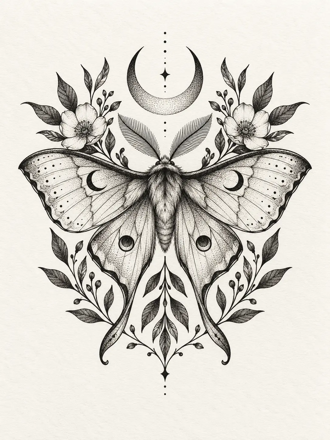 Original concept tattoo flash: an ornamental moth, crescent moon and botanical linework on bone-colored paper