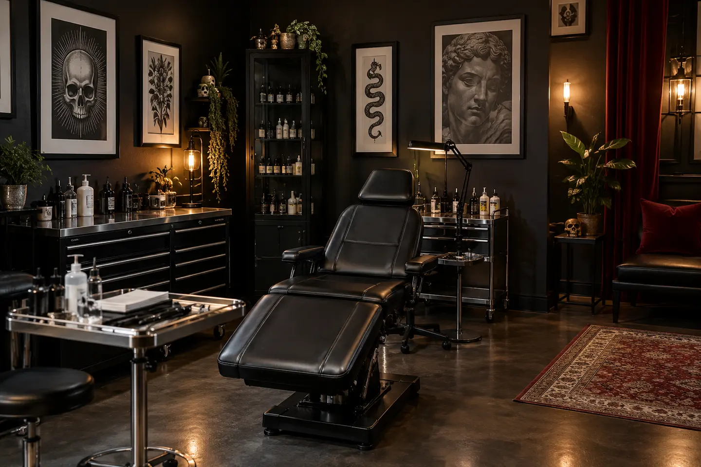 Imagined Black Lantern studio with a black tattoo chair, stainless work surfaces, framed art and warm crimson accents