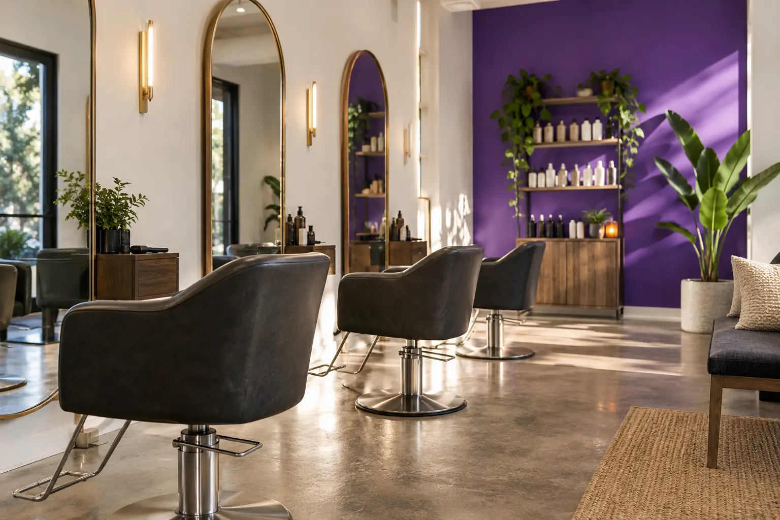 Generated concept interior with charcoal salon chairs, tall mirrors and a violet feature wall