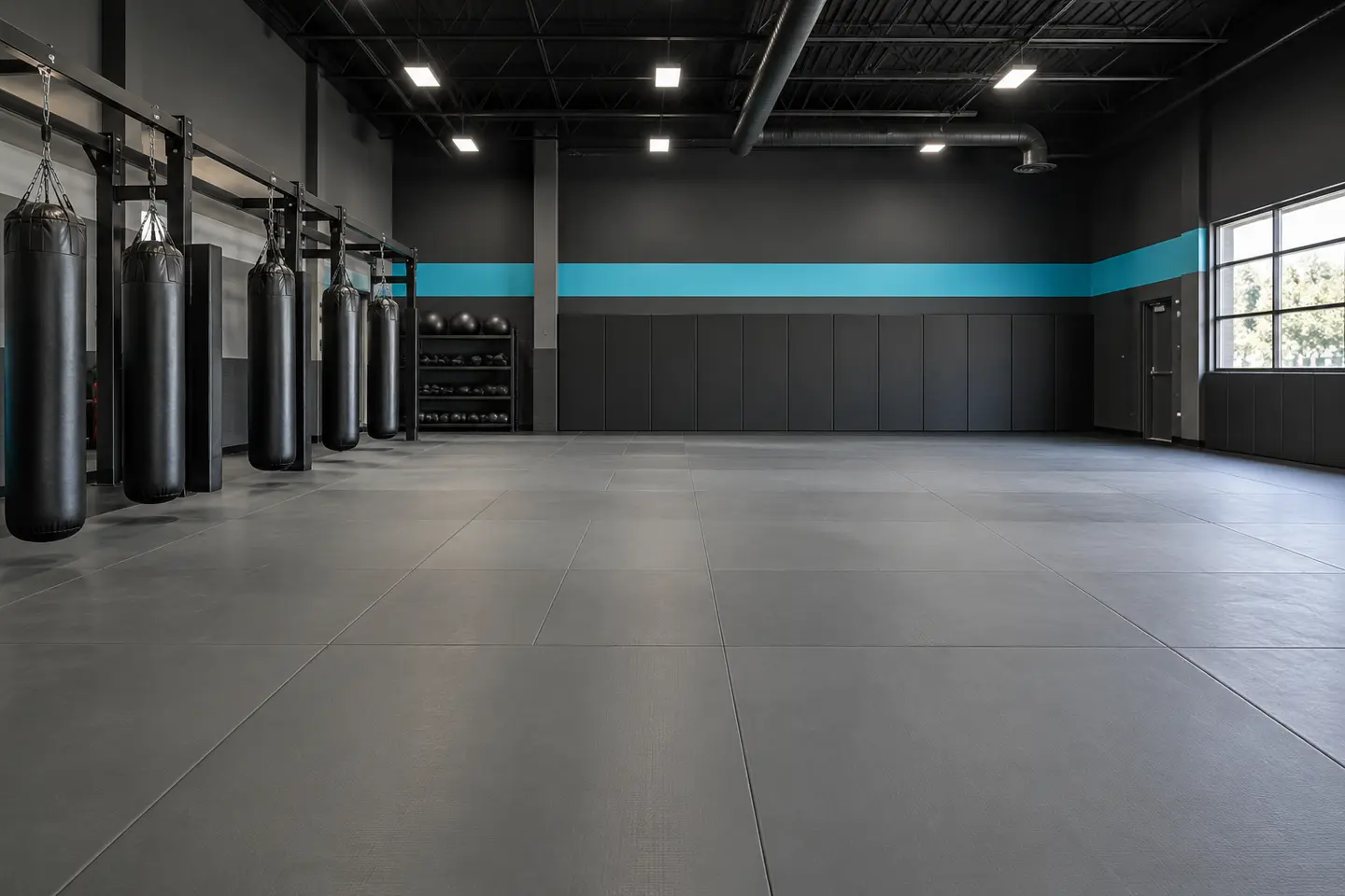 Imagined Iron Tide gym with charcoal mats, black heavy bags and a cyan wall stripe