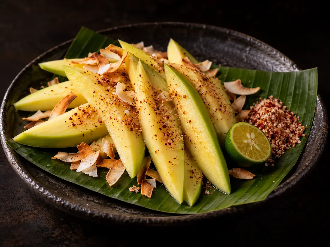 Green mango wedges with chili salt, calamansi and coconut