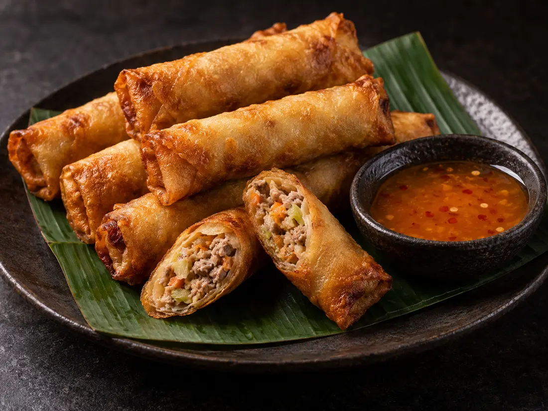Golden pork lumpia with mango sweet-chili dipping sauce