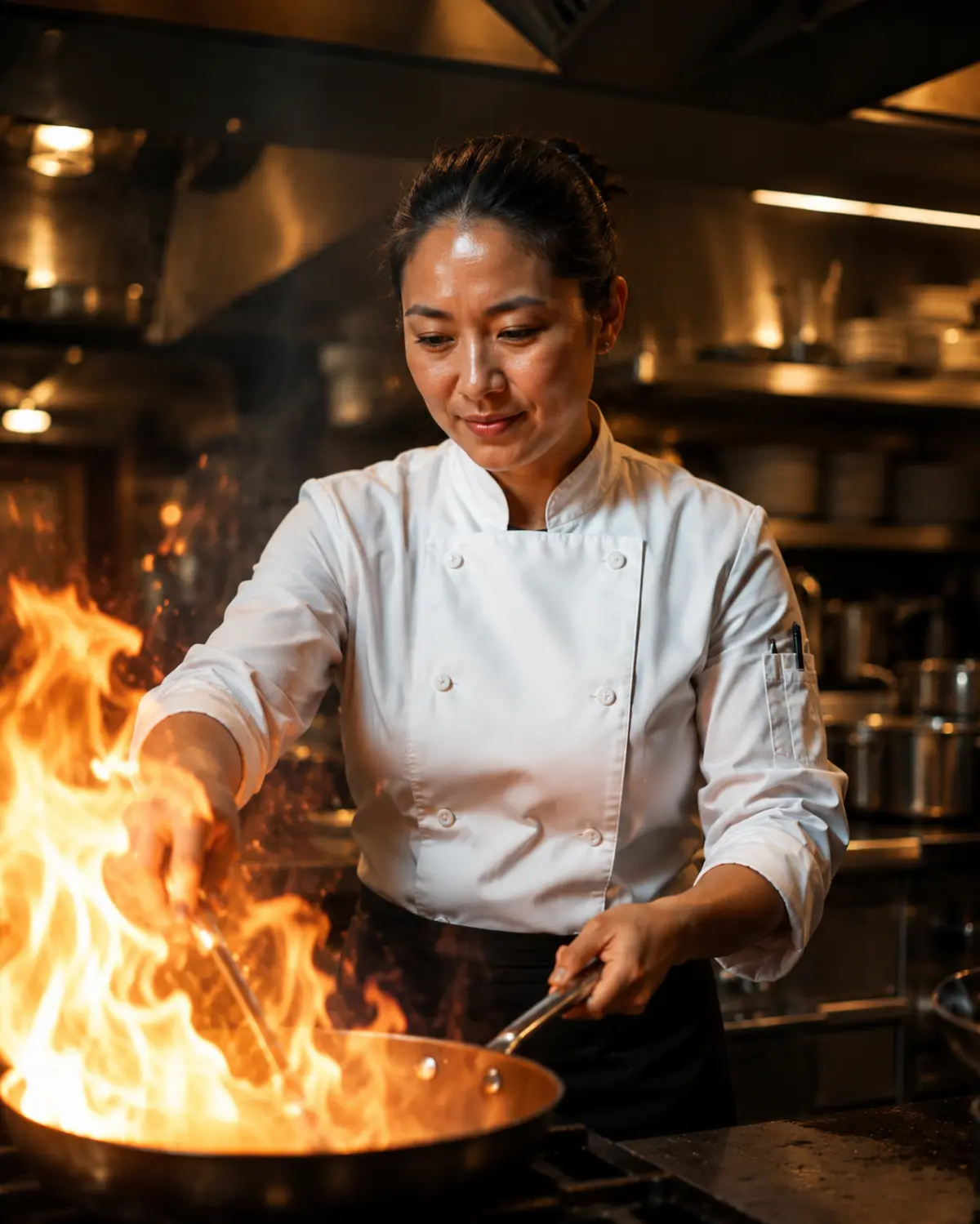 Fictional Filipino chef working over a flaming wok in the Mango and Smoke concept kitchen