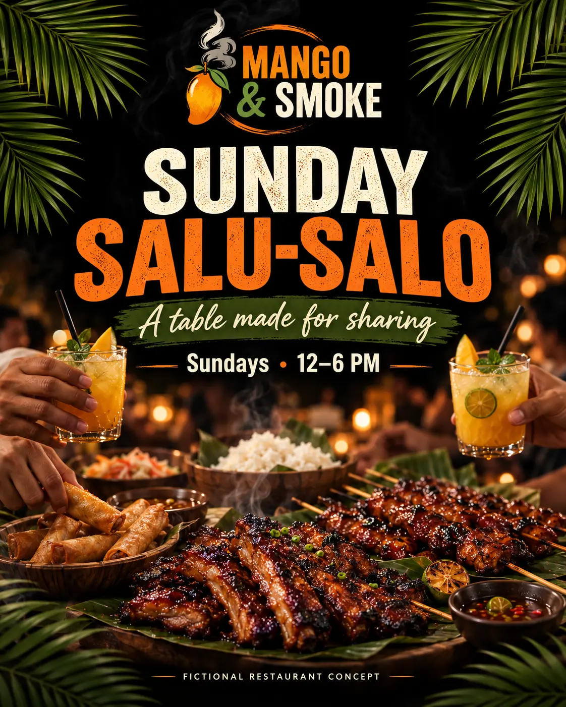 Sunday Salu-Salo: A table made for sharing. Sundays, noon to 6 PM. Fictional restaurant concept.