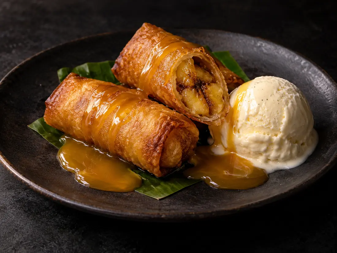 Crispy banana turon with mango caramel and vanilla ice cream