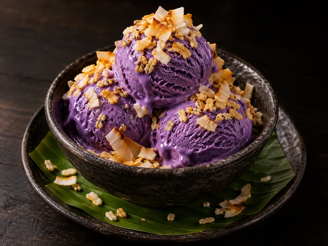 Purple ube ice cream with toasted coconut and pinipig