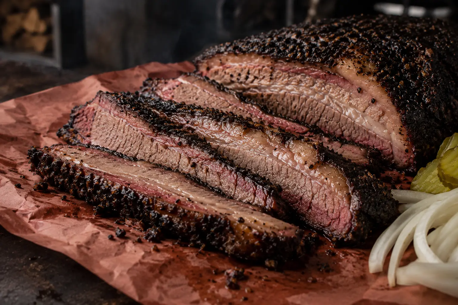 Sliced pepper-crusted brisket on butcher paper