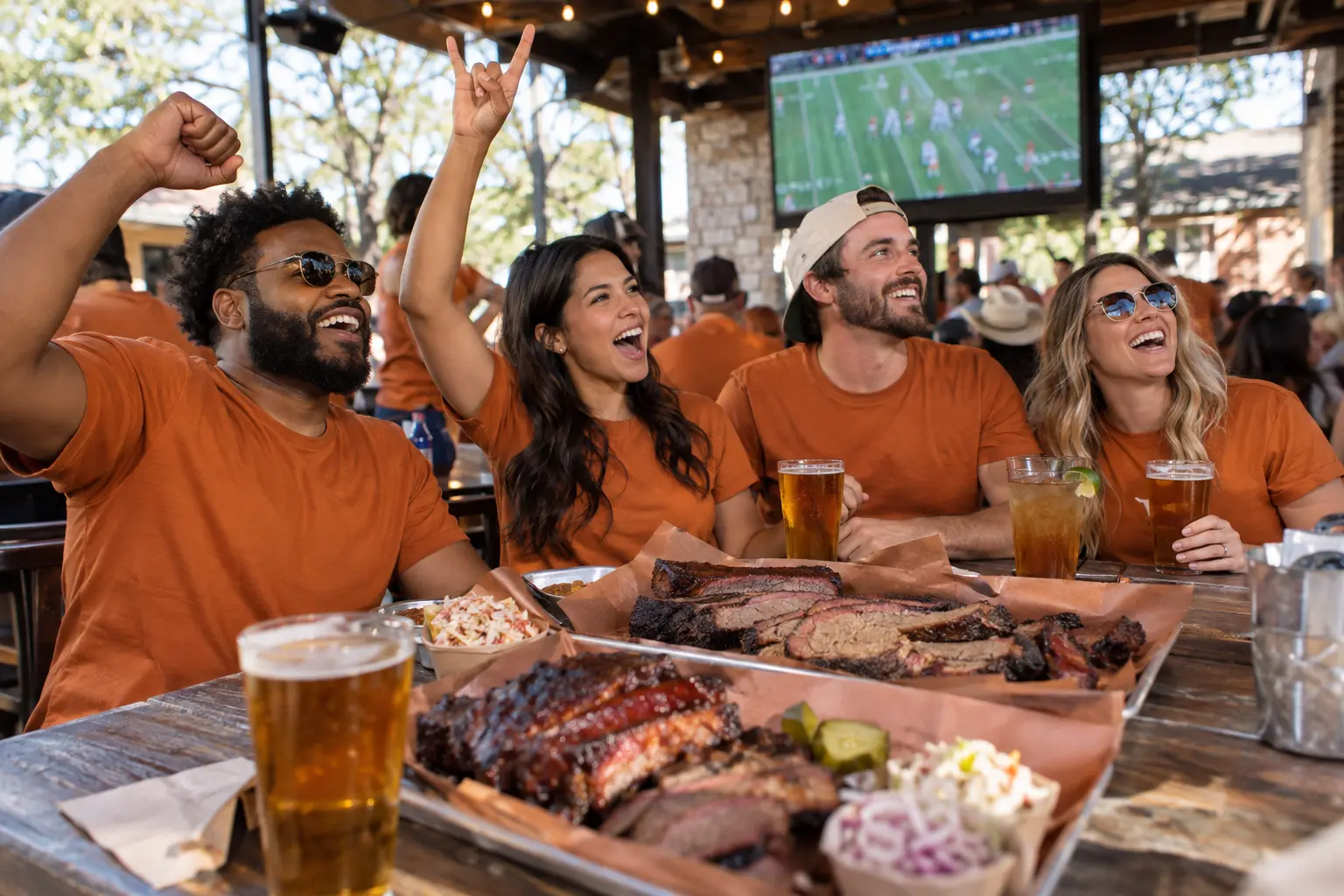 Fictional Austin barbecue patio watch party with adult fans in burnt-orange shirts, brisket platters and football on a screen