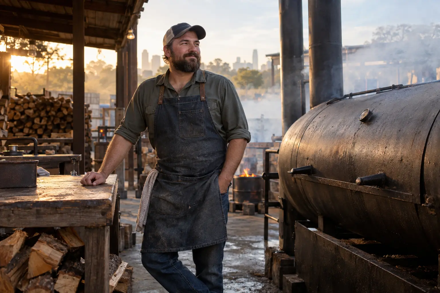 Fictional Austin pitmaster beside a steel offset smoker at dawn